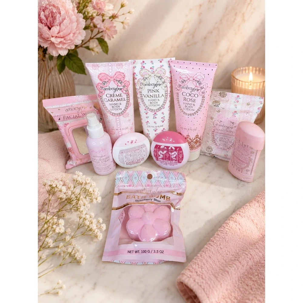 10 Pc Amberglow Beauty Set Lotion, Wave Spray, Wipes, Deodorant, Bath Bomb etc